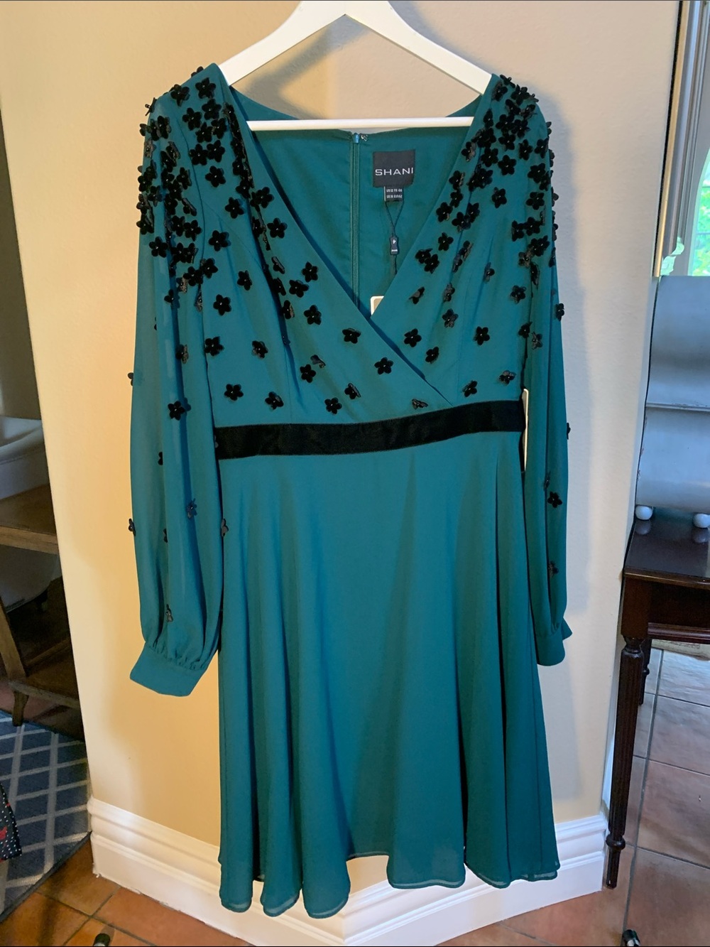 SHAN Teal Long Sleeve Dress with Black Velvet Waistband and Floral Appliqué